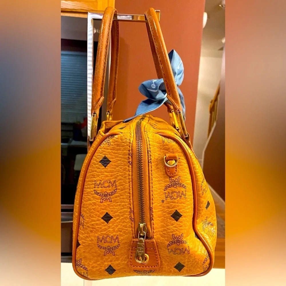 MCM Mini Boston Bag Visetos Brown w:Twilly, EUC